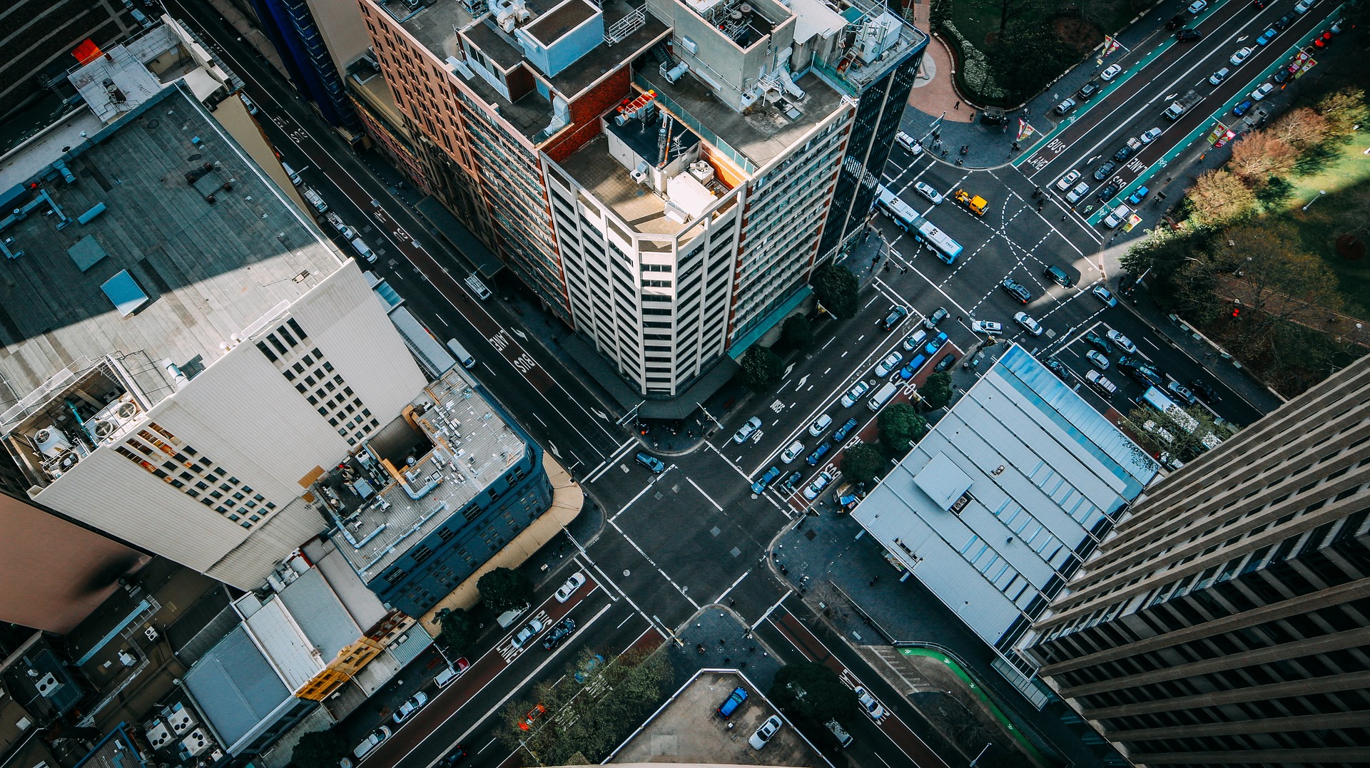 Aerial view of urban city junction.